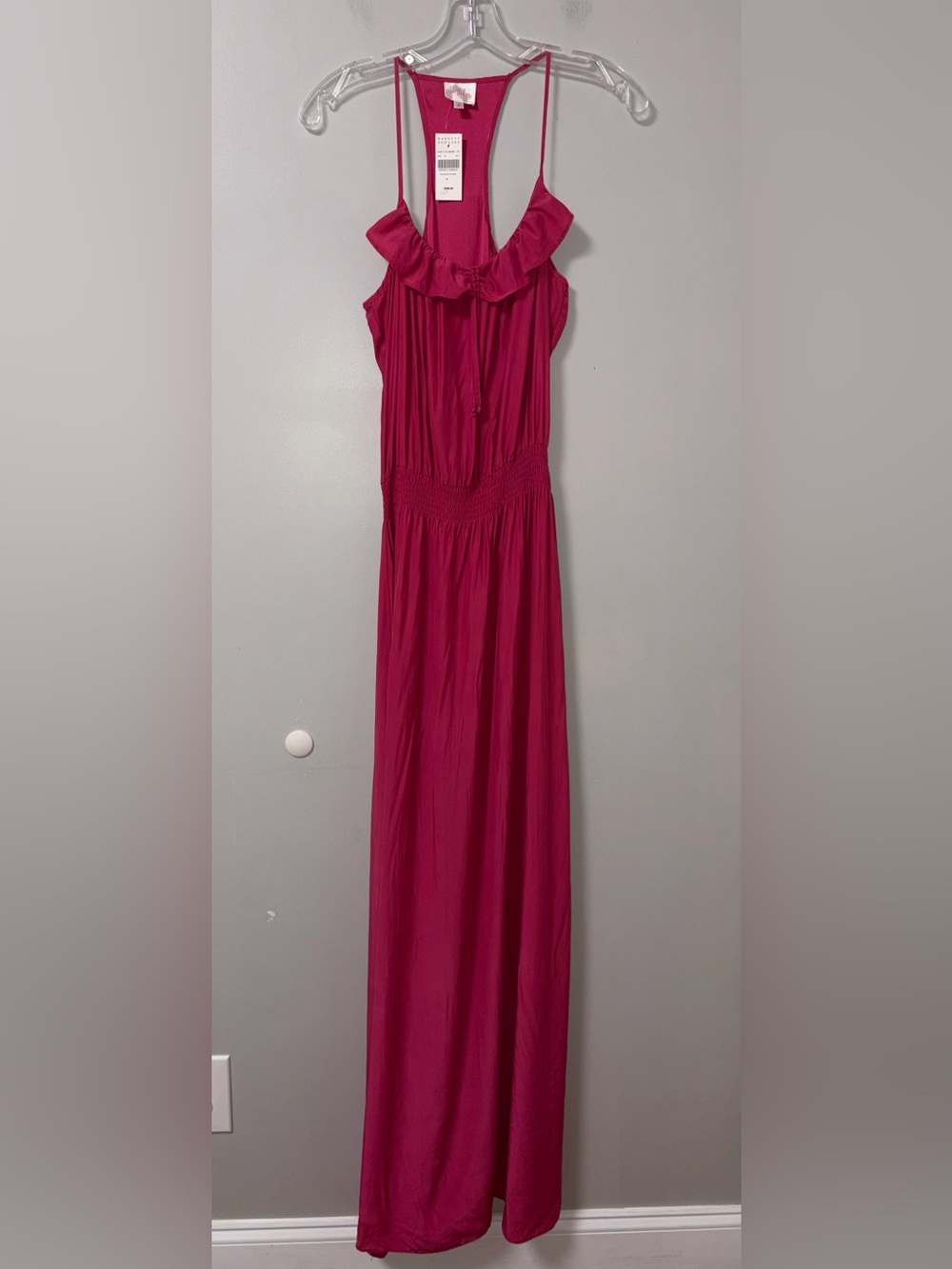 Parker 100% Silk Halter Maxi Dress Hot Pink Ruffle Neck Smock Waist M PA520 NWT